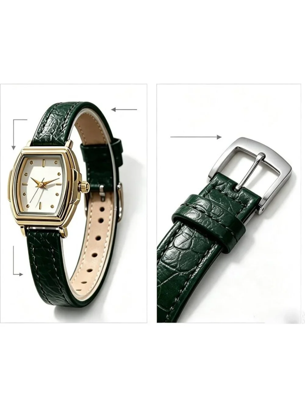 Women's Green Rectangular Case Metal Case Simple Dial Leather Strap Wrist Watch